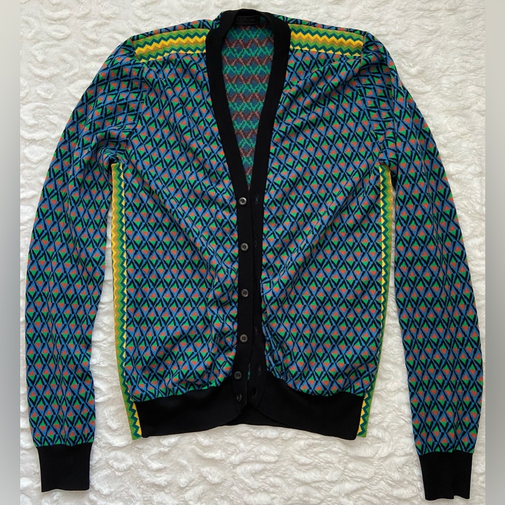 PRADA Geometric Pattern Jacquard Cardigan Wool Silk Cotton Blend EUC Siz…